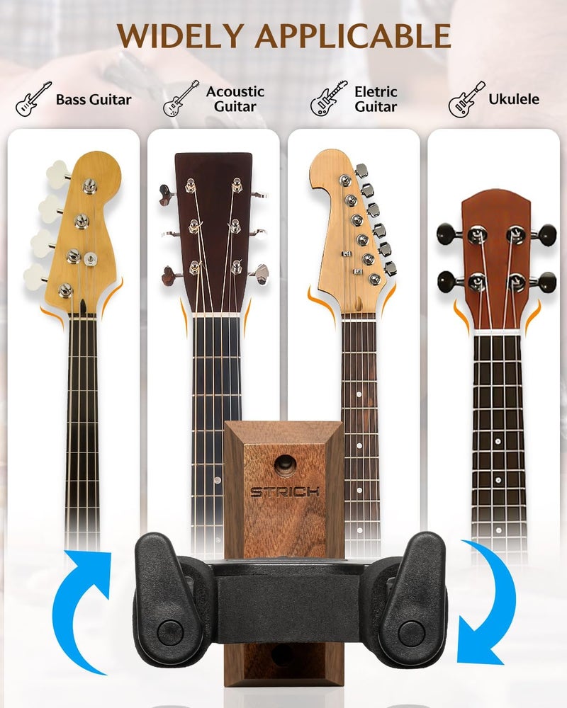 STRICH Guitar Wall Mount,Walnut Base Guitar Hanger,U-Shaped Guitar Wall Hanger Mount with Screws,Auto Lock Guitar Holder Hook Stand for Acoustic, Electric Guitar, Banjo, Bass(3-Pack) - Image 5